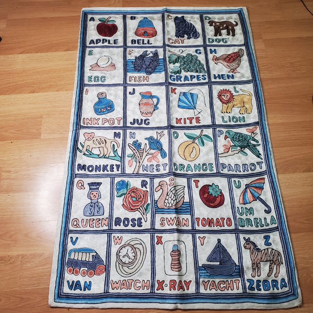Folk Art Hand Made Alphabet Tapestry Nursery School Wall Hanging 29" X 47" - Picture 2 of 11